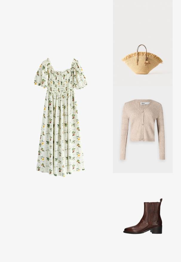 Beige strikket cardigan med lange ærmer, v-udskæring og hjerteformede guldknapper. Har ribbet tekstur og cropped design.; Hvid maxikjole med puffede ærmer, smocked krop og flerfarvede blomster- og frugtmønstre med kursiv skrift.; Brun læder ankelstøvle med en let struktureret overflade, der har lodrette riller på siderne og en blokhæl for stabilitet.; Flettet stråtaske med frynset øverste kant, to tan læderhåndtag med spælsdetaljer og en læder kvast som tilbehør.