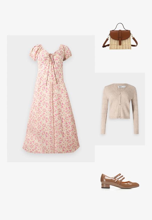 Cardigan en tricot beige avec de longues manches, un décolleté en V et des boutons dorés en forme de cœur. Présente une texture côtelée et un design court.; Robe midi crème avec manches bouffantes, imprimé floral rose, buste froncé et détail noué au centre avant.; Chaussure Mary Jane en cuir verni marron avec trois brides réglables à boucle et un petit talon bloc.; Petit sac à main avec corps en osier tressé, rabat en cuir marron, poignée supérieure et bandoulière amovible avec ferrures dorées.