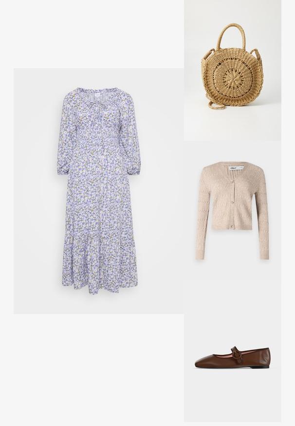 Beige strikket cardigan med lange ærmer, v-udskæring og hjerteformede guldknapper. Har ribbet tekstur og cropped design.; Blomstret kjole med lilla bund, prydet med hvide og gule blomster. Lange ærmer, rynket halsudskæring og lagdelt kant. Letvægtsstof.; Brun flad Mary Jane-sko i læder med rund spænde og sort sål på en lysegrå baggrund.; ONLY ONLPENELOPE BEACH ROUND CROSSOBODY - Skuldertasker - toasted coconut