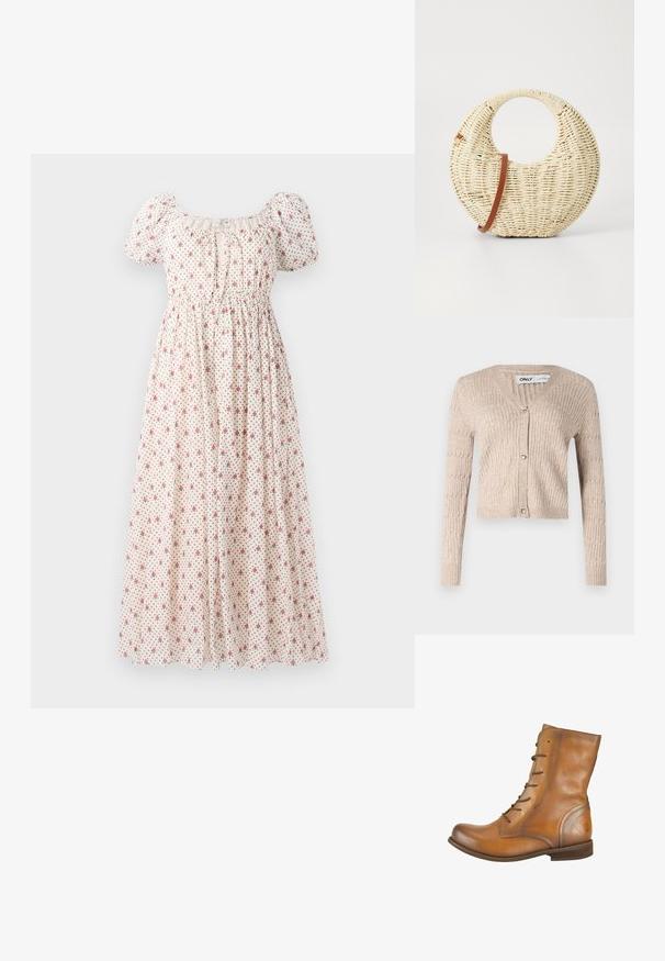 Cardigan en tricot beige avec de longues manches, un décolleté en V et des boutons dorés en forme de cœur. Présente une texture côtelée et un design court.; Robe florale en tissu léger, avec un décolleté carré, des manches courtes bouffantes, une taille élastique, et un fond beige orné de fleurs rouges.; Bottes de cheville en cuir marron avec une texture lisse, bout rond, six œillets pour lacets et un logo embossé subtil sur le talon.; Sac à main tressé rond en paille naturelle avec une finition texturée. Dispose d'une bandoulière en cuir marron lisse et d'une poignée circulaire.