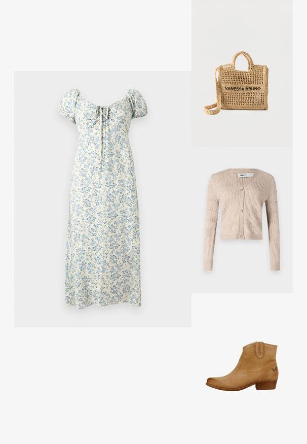 Beige strikket cardigan med lange ærmer, v-udskæring og hjerteformede guldknapper. Har ribbet tekstur og cropped design.; Kremet midikjole med blåt blomsterprint, puffede ærmer, rynket firkantet halsudskæring og bindedetalje foran.; Brune ruskindsankelstøvler med spidse tæer og dekorativ syning. Har en lav blokhæl og et lille sommerfuglelogo på siden.; Vævet beige håndtaske med to håndtag, lang rem, åben vævning og "VANESSA BRUNO" broderet i sort på forsiden.