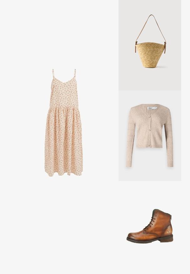 Beige strikket cardigan med lange ærmer, v-udskæring og hjerteformede guldknapper. Har ribbet tekstur og cropped design.; Lys beige midi-kjole med tynde stropper og små røde blomsterprint, med en sammensamlet talje og løs nederdel.; Brun læderankelstøvle med snørebånd, mørk sål, let slidt tekstur og en sommerfuglelogo præget nær hælen på en hvid baggrund.; Flettet stråtaske med bred bund, smal top og justerbar brun læder skulderrem.