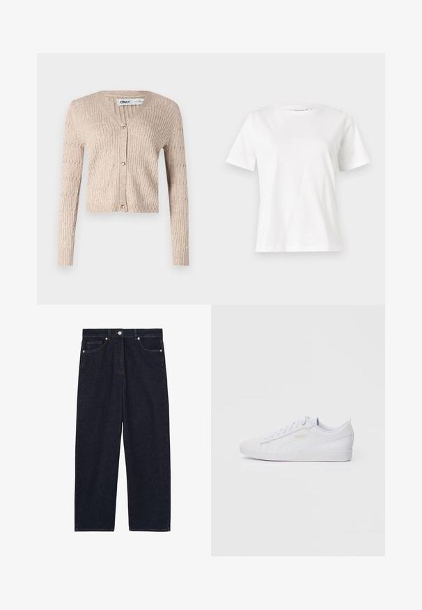Beige strikket cardigan med lange ærmer, v-udskæring og hjerteformede guldknapper. Har ribbet tekstur og cropped design.; Hvid bomulds t-shirt med korte ærmer, rund halsudskæring og en afslappet pasform. Glat tekstur, ingen mønstre eller accenter, minimalistisk design.; Mørkeblå straight-leg denim jeans med frontknap, lynlås og fem-lomme design.; Hvide low-top Puma sneakers med snørebånd front, diskret branding på siden og sålen, samt en glat syntetisk overdel til hverdag.