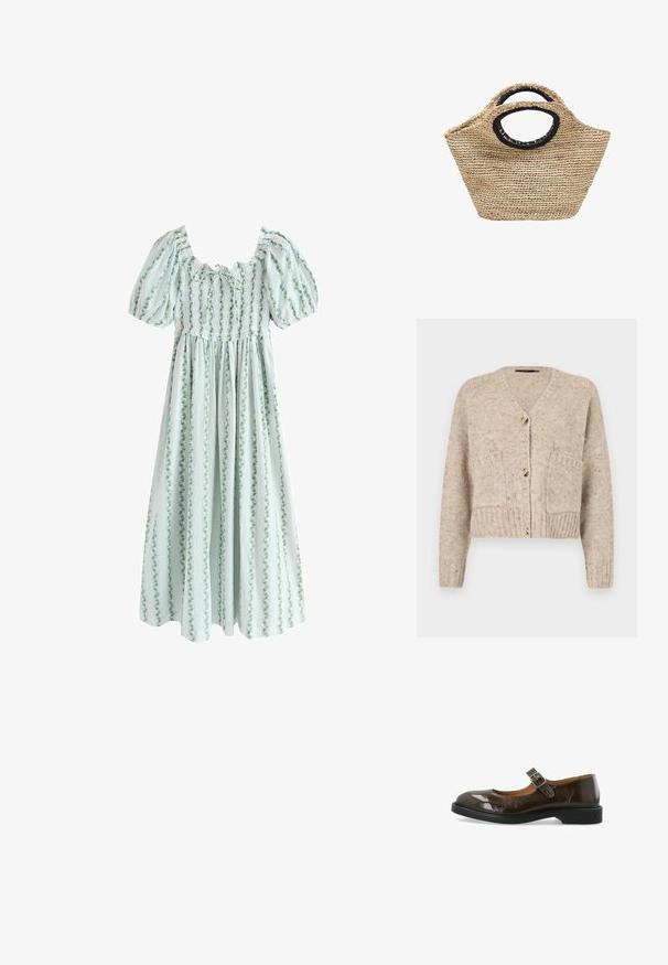 Vero Moda Knitted VMINGRID Knit - Cardigan - beige; Lyseblå kjole med pufærmer, smocket krop og lodrette grønne blomsterstriber, med en samlet, flydende nederdel.; Mørkebrune skind Mary Jane-sko i lak med rund tå, sølv spænde og lav sort hæl, vist på hvid baggrund.; Flettet stråtaske med afrundede, sortkantede håndtag og en bred, let trapezformet form mod en hvid baggrund.
