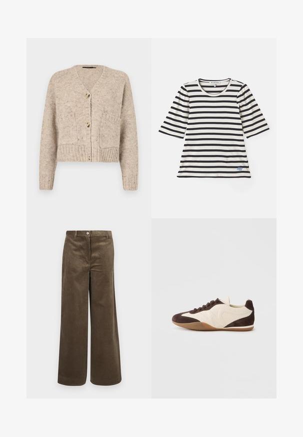 Vero Moda Knitted VMINGRID Knit - Strickjacke - beige; Gestreiftes T-Shirt in Creme und Marineblau, mit kurzen Ärmeln, geripptem Textur, rundem Ausschnitt und einem kleinen blauen Logo-Detail in der Nähe des Saums.; Braune Cord-Hosen mit weitem Bein und vertikaler Rippung, ausgestattet mit einem Vorderknopfverschluss und einem normalen Bund. Glatte Textur, lässiges Design.; Brauner und cremefarbener Sneaker mit einer Mischung aus strukturierten und glatten Materialien, niedrigem Profil, Schnürdesign und einer Kautschuksohle.