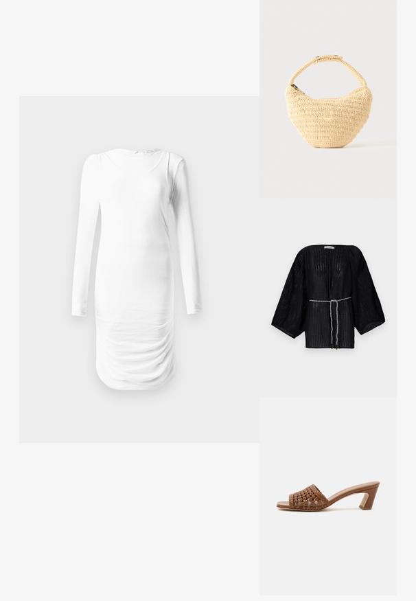 Kimono negro de frente abierto con mangas anchas, hecho de una tela texturizada. Cuenta con una cintura ceñida con un lazo trenzado plateado.; Vestido blanco de manga larga hecho de una tela suave, con un escote redondo y textura fruncida a lo largo de la cintura. Diseño simple y ajustado.; Mule marrón tejido con punta abierta, tacón ancho y diseño sin cierre sobre un fondo blanco liso.; Bolso tejido beige con cuerpo redondeado, cierre de cremallera y una correa corta y gruesa en un estilo de crochet simple y texturizado.