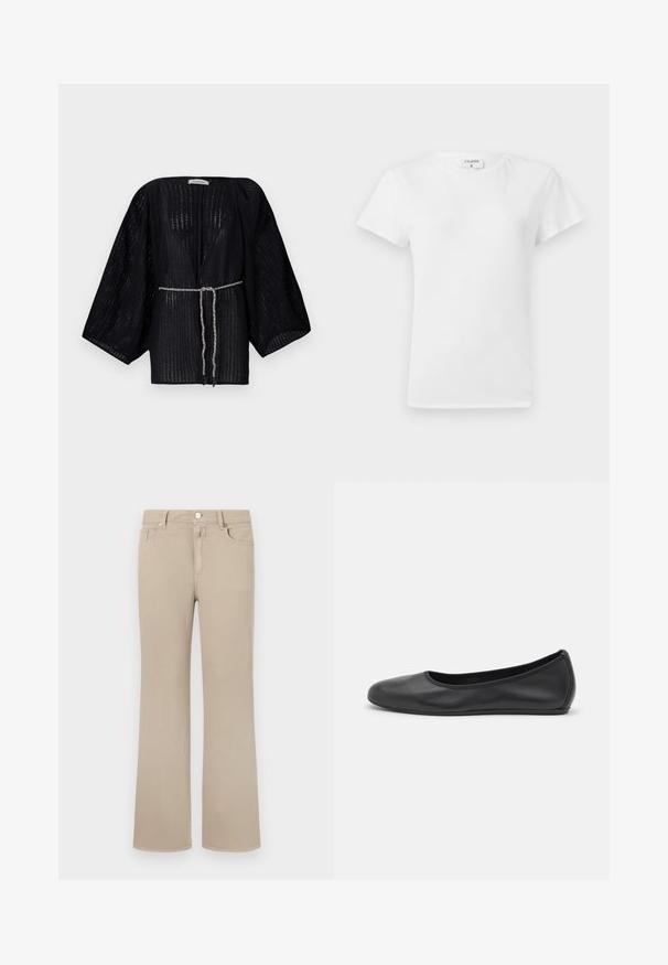 Kimono negro de frente abierto con mangas anchas, hecho de una tela texturizada. Cuenta con una cintura ceñida con un lazo trenzado plateado.; Camiseta blanca de algodón con cuello redondo y mangas cortas, que presenta un corte relajado y un diseño minimalista. Etiqueta visible en el cuello.; Vaqueros de campana beige hechos de algodón suave. Presentan un diseño clásico de cinco bolsillos, cierre de botón y costuras cuidadosas a lo largo de los bordes.; Bailarina de piel negra con punta redondeada, textura suave, detalle de costura minimalista y diseño de suela flexible.