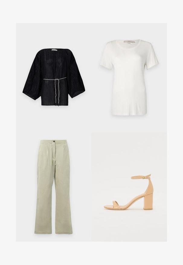 Kimono negro de frente abierto con mangas anchas, hecho de una tela texturizada. Cuenta con una cintura ceñida con un lazo trenzado plateado.; Camiseta blanca de manga corta hecha de algodón suave y elástico. Presenta un escote redondo y una textura lisa y uniforme sin patrones visibles.; Pantalones de pierna ancha color verde claro, confeccionados en tejido suave, con cierre de botón en la parte frontal, pliegues y un dobladillo limpio.; Sandalias de tacón de charol nude con punta cuadrada, correa de tobillo y un tacón ancho. Textura suave y detalles de diseño minimalistas.