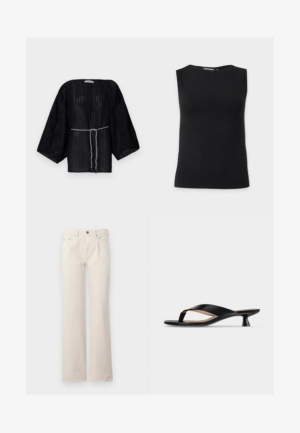 Kimono negro de frente abierto con mangas anchas, hecho de una tela texturizada. Cuenta con una cintura ceñida con un lazo trenzado plateado.; Top negro sin mangas para mujer con escote barco, hecho de tela lisa, mostrado sobre un fondo liso.; Vaqueros de pierna ancha en color beige, fabricados en algodón, que cuentan con bolsillos frontales, cremallera y un acabado texturizado sutil. Diseño clásico con un ajuste relajado.; Sandalia de cuero negra con tiras tipo tanga, tacón bajo de tipo kitten y puntera ligeramente cuadrada sobre fondo gris claro liso.