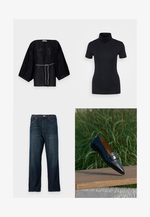 Kimono negro de frente abierto con mangas anchas, hecho de una tela texturizada. Cuenta con una cintura ceñida con un lazo trenzado plateado.; Top de cuello alto negro con acanalado, de manga corta, diseño ajustado, textura suave, costuras mínimas y un cuello alto.; Vaqueros de denim azul oscuro con corte recto, que cuentan con cierre de botón, cinco bolsillos y un ligero desgaste. Tela duradera con costuras visibles.; Mocasín de cuero negro para hombre con detalle de correa equilibrándose en el borde de un banco de madera sobre un fondo difuminado de césped verde.