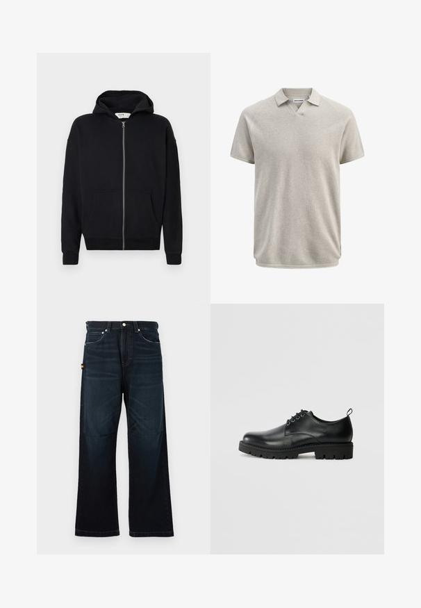 Haut à capuche noir zippé avec cordon de serrage, manches longues, poches avant et poignets côtelés. Fabriqué en tissu doux et texturé.; Polo beige texturé à manches courtes avec col et légère ouverture en V, portant l'étiquette Jack & Jones.; Jeans droit bleu foncé avec un design classique à cinq poches, passants de ceinture et légers détails décolorés à l'avant et aux genoux.; Chaussure en cuir noir à bout arrondi, présentant un design à lacets, une semelle en caoutchouc noire robuste et un petit onglet de talon à l'arrière.