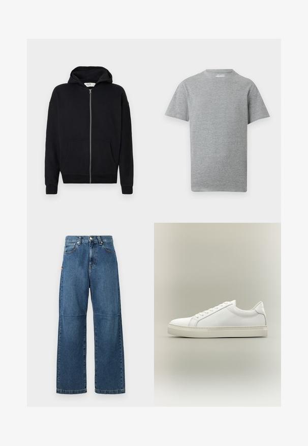 Haut à capuche noir zippé avec cordon de serrage, manches longues, poches avant et poignets côtelés. Fabriqué en tissu doux et texturé.; T-shirt gris uni à manches courtes et col rond avec une petite étiquette blanche "ONLY & SONS" à l'intérieur du col.; Jeans en denim bleu avec une coupe relaxée, des jambes droites, des coutures visibles et une fermeture à bouton à l'avant. Comprend une poche latérale avec un accent.; Baskets blanches basses à lacets sur l’avant et semelle épaisse, vues de côté sur un fond neutre.