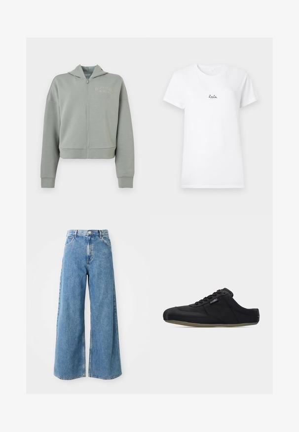 Sweat à capuche gris clair avec fermeture éclair, fabriqué en tissu lisse, doté d'une fermeture éclair à l'avant, d'une capuche et de poignets côtelés. Logo "Calvin Klein" brodé sur la poitrine.; T-shirt en coton blanc à manches courtes et col rond. Présente un petit logo noir "lala berlin" sur la poitrine. Texture lisse.; Jean en denim léger bleu clair à taille haute, avec fermeture à boutons et à glissière à l'avant, et poches avant sur fond blanc.; Baskets noires à enfiler avec lacets, semelle plate et une petite étiquette en tissu avec logo sur le côté, présentées de profil sur un fond blanc.