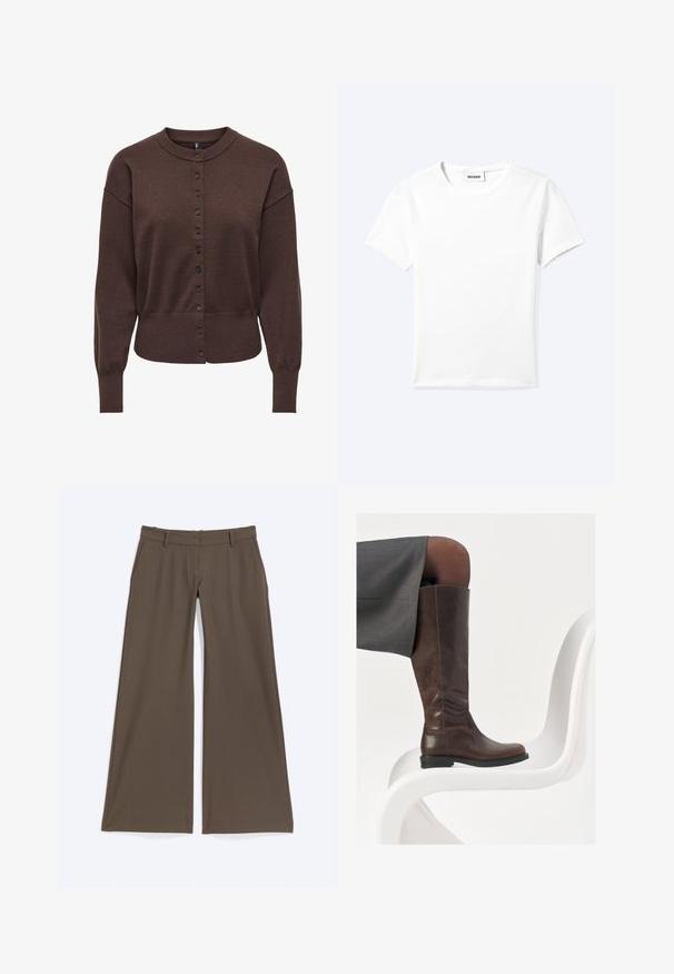 Cardigan marron avec un col rond, des manches longues et une fermeture à boutons. Confectionné en maille douce avec une coupe décontractée.; T-shirt blanc uni à manches courtes et col rond avec une petite étiquette "WEEKDAY" à l'intérieur de l'encolure, présenté à plat sur un fond clair.; Pantalon marron à jambes larges avec passants de ceinture, poches avant et fermeture éclair sur le devant, posé à plat sur un fond blanc.; Botte en cuir marron à hauteur de genou avec un bout arrondi, texture lisse et détails de couture minimalistes, placée sur un fond clair sur une chaise blanche.