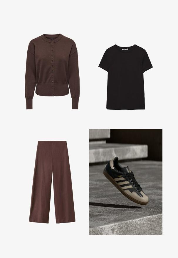 Cardigan marron avec un col rond, des manches longues et une fermeture à boutons. Confectionné en maille douce avec une coupe décontractée.; T-shirt noir en coton à manches courtes avec encolure ronde, coupe standard et étiquette intérieure visible au niveau du col.; Pantalon marron à jambes larges avec taille haute et devant épuré, en tissu doux, présenté sur un fond blanc.; Baskets en cuir noir et beige avec trois bandes blanches, semelle en caoutchouc beige et détail en or "Samba" sur le côté.