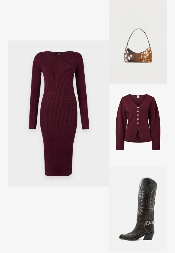 Bordeaux cardigan med lange ærmer, V-hals og fem dekorative guldfarvede knapper foran. Blødt, strikket stof med en lige pasform.; Vero Moda VMSILJE ONECK CABLE - Strikkjoler - winetasting; Sort læder cowboystøvle med dekorative udskæringer, sølvspænde og skrå hæl, vist på hvid baggrund.; Skuldertaske med brun og hvid pletmønstret imiteret pels og en tynd sort rem, vist på en hvid baggrund.