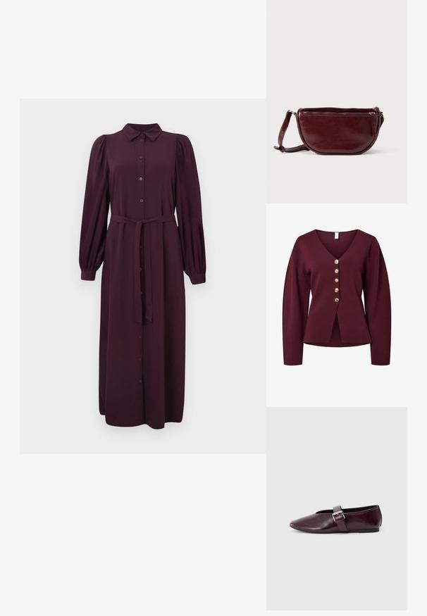 Bordeaux vest met lange mouwen, V-hals en vijf decoratieve knopen in gouden tint aan de voorkant. Zacht, gebreid stof met een rechte snit.; Lang, bordeauxrood jurk met een kraaghalslijn, knopenlijst aan de voorkant en pofmouwen. Voorzien van een tailleband en een gladde stofstructuur.; Bordeaux leren balletschoenen met een puntige neus, een platte zool en een decoratieve gesp over de wreef. Glad, glanzend oppervlak.; Dieprode lederen handtas met een halve-maansvorm, een ritssluiting en een afneembare riem. Gladde textuur met een subtiele glans.