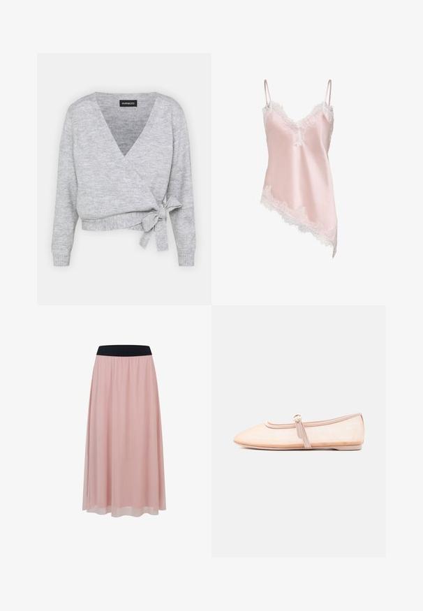 Suéter gris de punto con escote en V, mangas largas y un lazo ajustable en la cintura. Fabricado en un material de punto suave con una textura sutil.; Camisola de satén rosa claro con ribete de encaje blanco a lo largo del escote en V, el dobladillo y finas tiras ajustables para los hombros, con un dobladillo asimétrico.; Falda rosa hasta el tobillo con una capa exterior transparente y una amplia cinturilla elástica negra.; Zapato plano beige claro con punta puntiaguda y una sola correa con hebilla lateral, mostrado sobre un fondo blanco liso.