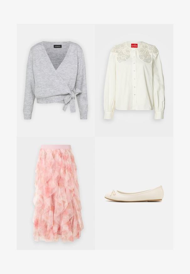 Cache-cœur gris avec un décolleté en V, des manches longues et un lien ajustable à la taille. Fabriqué en maille douce avec une texture subtile.; Chemise blanche boutonnée avec col en dentelle brodée décorative. Présente des manches longues avec poignets froncés et une coupe décontractée.; Jupe midi en tulle rose à couches avec motif floral et taille élastique, présentant des textures douces et volantées.; Ballet flats de couleur crème avec un bout arrondi, un petit nœud sur le devant et une semelle beige texturée. Matériau synthétique lisse.