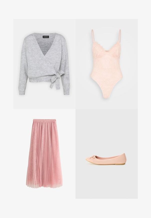 Grijze wikkeltrui met een V-hals, lange mouwen en een verstelbare strik in de taille. Gemaakt van zacht breimateriaal met een subtiele textuur.; IN THE STYLE LINGERIE BODYSUIT - Top - rosé; Roze geplooide midi-rok met een kanten onderlaag en een geplooide tailleband, getoond op een witte achtergrond.; Balletflat in lichtroze synthetisch materiaal met een ronde neus, voorzien van een klein strikdetail en een flexibele zool.