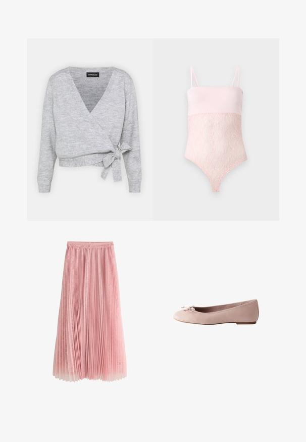 Cache-cœur gris avec un décolleté en V, des manches longues et un lien ajustable à la taille. Fabriqué en maille douce avec une texture subtile.; Body en dentelle rose clair avec bretelles spaghetti et une partie supérieure lase sur un fond clair uni.; Jupe midi plissée rose avec une sous-couche en dentelle et une ceinture froncée, présentée sur un fond blanc.; Chaussure de ballet plate rose clair avec un petit nœud sur le bout arrondi et un talon bas, vue de côté.