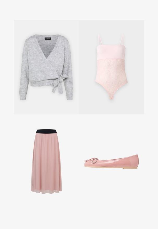 Cache-cœur gris avec un décolleté en V, des manches longues et un lien ajustable à la taille. Fabriqué en maille douce avec une texture subtile.; Body en dentelle rose clair avec bretelles spaghetti et une partie supérieure lase sur un fond clair uni.; Jupe rose longueur cheville avec une couche extérieure transparente et une large ceinture élastique noire.; Ballerines en cuir verni rose avec un bout arrondi, détail en corde à l'avant et semelle en caoutchouc beige. Fini lisse et brillant sur l'ensemble.