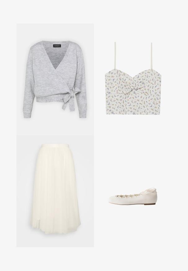 Cache-cœur gris avec un décolleté en V, des manches longues et un lien ajustable à la taille. Fabriqué en maille douce avec une texture subtile.; Top court floral avec de fines bretelles ; base blanche ornée de petites fleurs roses, jaunes et violettes ; détail avant tordu ; tissu léger.; Jupe en tulle blanche avec une taille ajustée, doublure intérieure à mi-mollet et tissu extérieur transparent superposé. Texture douce et design fluide.; Ballerine blanche avec lacets croisés devant et attache à la cheville, semelle plate et bout arrondi, vue de profil.