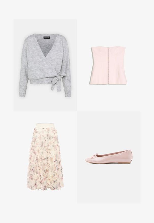 Cache-cœur gris avec un décolleté en V, des manches longues et un lien ajustable à la taille. Fabriqué en maille douce avec une texture subtile.; Top corset rose clair sans bretelles avec bonnets structurés et coutures verticales, présenté à plat sur fond blanc.; zero MIT BLUMENPRINT - Jupe trapèze - cream pink; Ballerine rose en cuir verni avec un bout pointu et un nœud décoratif à l'avant. Elle présente une semelle plate et un design sans coutures.