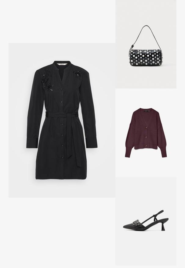 Cardigan tricoté bourgogne avec un col en V, des manches longues, cinq grands boutons marron et un ourlet côtelé. Texture en nid d'abeille sur l'ensemble du tissu.; Robe chemise noire en coton avec une ceinture à la taille, boutonnage sur le devant et détails en sequins floraux embellis sur les épaules.; Simmi London DALA - Escarpins - black; Sac à main en cuir noir à forme arrondie, orné de clous argentés. Comprend une bandoulière amovible et une fermeture éclair. Texture lisse.