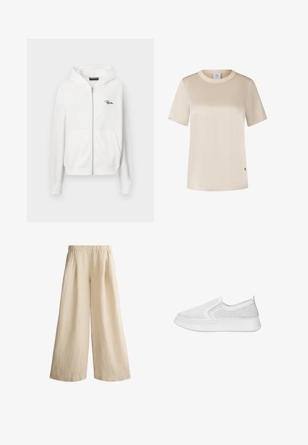 Hvid zip-up hoodie med ribbet tekstur, snoretræk i hætten og sidelommer. Har lille sort "P" logo på venstre bryst.; Beige T-shirt med korte ærmer, rund halsudskæring, glat tekstur og diskret brand logo-tag på nederste venstre side.; Beige vide bukser med elastisk talje og subtil vertikal tekstur, designet til en løs og komfortabel pasform.; Hvid slip-on sneaker med perforeret overdel, elastiske sidepaneler og tyk hvid sål, designet til afslappet brug.