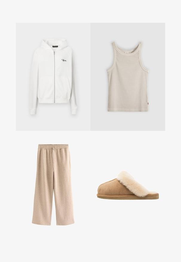 Witte zip-up hoodie met ribbeltextuur, trekkoordcapuchon en zijzakken. Bevat een klein zwart "P" logo op de linkerborst.; Beige geribd mouwloos tanktop met ronde hals en smalle pasvorm, getoond tegen een grijze achtergrond.; Beige broek met wijde pijpen, een elastische tailleband en een koordje, gemaakt van een zachte, gevlekte stof.; Beige suède instapschoen met een zachte, fluffy crème schapenvachtvoering. Voorzien van een platte, gestructureerde rubberen zool voor grip.