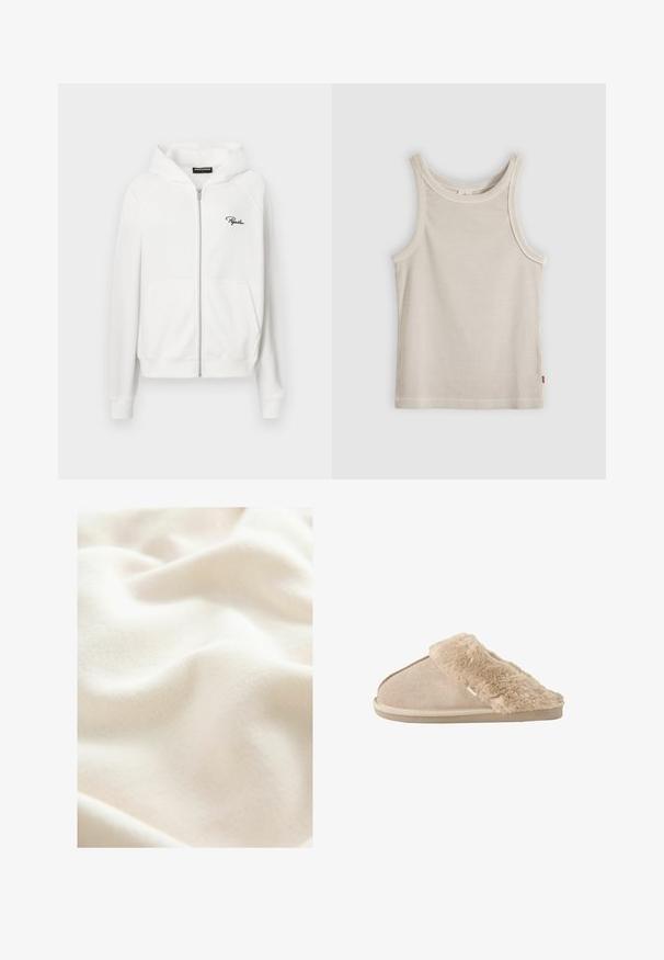 Witte zip-up hoodie met ribbeltextuur, trekkoordcapuchon en zijzakken. Bevat een klein zwart "P" logo op de linkerborst.; Beige geribd mouwloos tanktop met ronde hals en smalle pasvorm, getoond tegen een grijze achtergrond.; Crème-kleurige, zachte stof met een gladde, licht gestructureerde oppervlakte, die zachte plooien en subtiele kleurvariaties toont.; Beige instappantoffel met zachte suède buitenkant en een zachte, pluizige voering en boord, ontworpen voor binnencomfort.