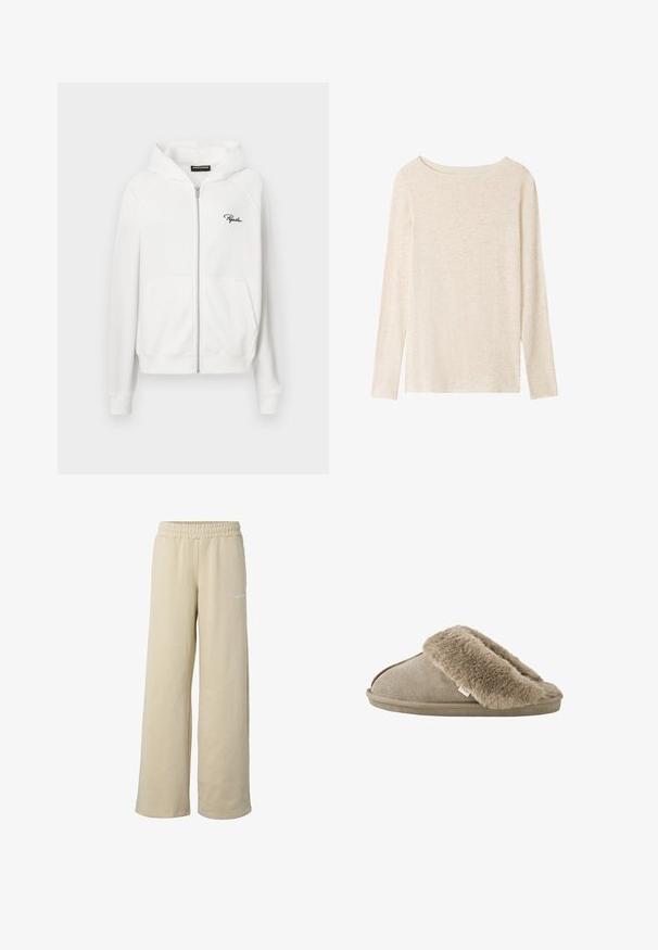 Witte zip-up hoodie met ribbeltextuur, trekkoordcapuchon en zijzakken. Bevat een klein zwart "P" logo op de linkerborst.; Lichtbeige fijngebreide top met lange mouwen, boothals en een subtiele gemêleerde structuur.; Beige sweatpants met wijde pijpen, elastische tailleband en klein wit logo op de bovenkant van het bovenbeen, afgebeeld op een witte achtergrond.; Beige instapslof met zachte, pluche bontvoering rond de opening en een suède-achtige buitenzool.