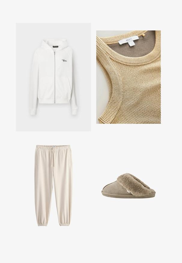 Hvid zip-up hoodie med ribbet tekstur, snoretræk i hætten og sidelommer. Har lille sort "P" logo på venstre bryst.; Beige ribbet tanktop med rund halsudskæring og tekstureret stof med subtile mørke striber. Label synlig inde i halsområdet.; Joggingbukser i cremefarve lavet af blødt stof, med elastisk talje, snørre og tilspidsede manchetter. Har sidelommer.; Beige slip-on tøfler med blød, plyssede pelsforing omkring åbningen og en ydersål med ruskindslignende overflade.