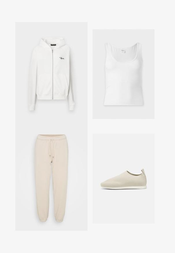 Witte zip-up hoodie met ribbeltextuur, trekkoordcapuchon en zijzakken. Bevat een klein zwart "P" logo op de linkerborst.; Witte geribbelde mouwloze tanktop met ronde halslijn en Hollister merklabel aan de achterkant van de kraag.; Beige katoenen sweatpants met elastische tailleband, trekkoord en elastische boorden, weergegeven op een eenvoudige witte achtergrond.; Beige gebreide instap schoen met een lage profiel, textuur bovenkant en een flexibele zool. Kenmerkt zich door een geweven ontwerp rond de enkel voor comfort.