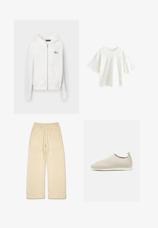 Hvid zip-up hoodie med ribbet tekstur, snoretræk i hætten og sidelommer. Har lille sort "P" logo på venstre bryst.; Hvid oversized t-shirt med korte ærmer og rund hals med faldne skuldre, vist på hvid baggrund.; Beige vidde sweatpants med elastisk talje, sidelommer og lille hvid "PEGADOR" logo på venstre lår.; Beige strikket slip-on sko med lav profil, tekstureret overdel og fleksibel sål. Har et vævet design omkring anklene for komfort.