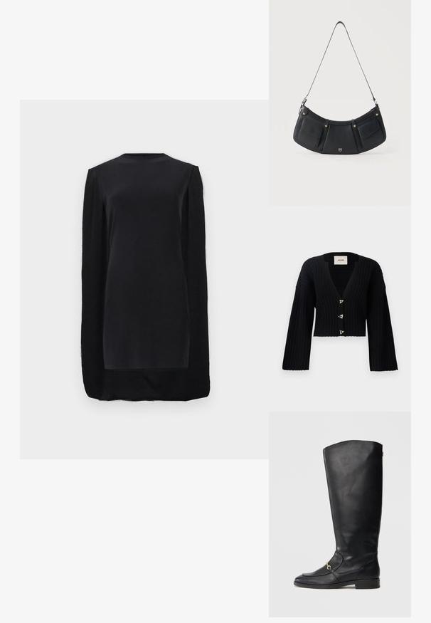 AERON MORROW - Neuletakki - black; Musta pitkähiha mini-mekko pyöreällä pääntiellä ja viitta-tyylisellä päällysosalla, joka ulottuu hartioista helmalle.; Mustat nahkasaappaat, joissa on sileä pinta, pyöreä kärki, sivuvaruste, ja matala lohko korko. Yksinkertainen ja tyylikäs muotoilu.; Musta nahkainen olkalaukku, jossa kaksi etutaskua läpällä, kullanväriset napit ja ohut säädettävä olkahihna.