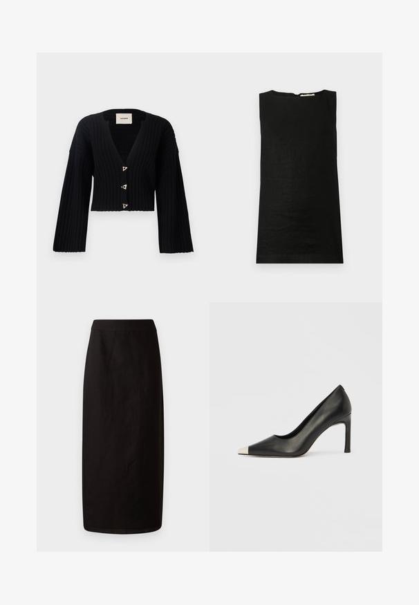 AERON MORROW - Cardigan - black; Ærmeløs sort top lavet af et let materiale. Har en rund halsudskæring og en skjult lynlås i ryggen til lukning.; Sort midi nederdel lavet af letvægtsstof. Har en lige silhuet, glat tekstur og en simpel talje uden udsmykninger.; Sort læder højhælet sko med spids tå og metal-sølv hætte. Har en glat finish og en slank hæl på 10 cm.