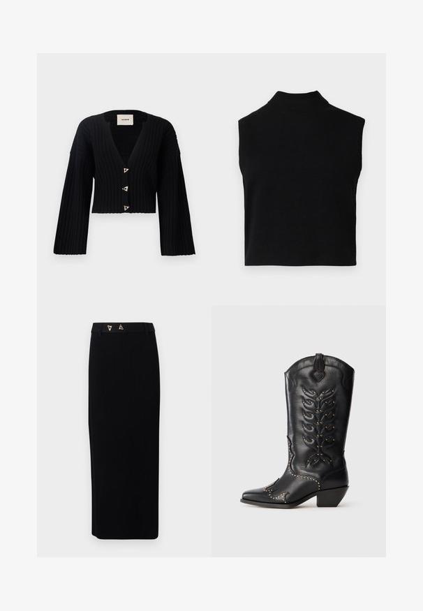 AERON MORROW - Vest - black; Zwarte mouwloze coltrui met een aansluitend ontwerp, gemaakt van zachte stof, met een geribbelde halslijn en een gladde textuur.; AERON FORUM - Kokerrok - black; Zwarte leren cowboylaars met gouden studs, puntige neus, decoratief stikwerk en een korte blokhak. Reliëf van een bladmotief op de schacht.