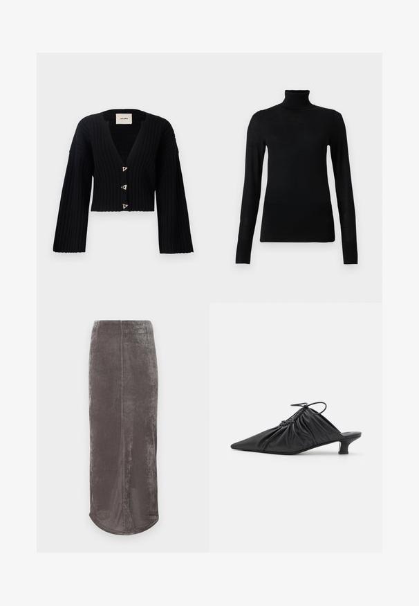 AERON MORROW - Cardigan - black; Sort turtleneck sweater lavet af blødt, letvægtsmateriale. Har lange ærmer og en tætsiddende stil med høj krave.; Grå, knælængde nederdel lavet af blød, struktureret stof med en subtil glans. Har en lige snit og en afrundet kant.; Sorte læder slip-on mules med spids tå, samlet tekstur og en lille kitten heel. Har en snor-detalje ved åbningen.