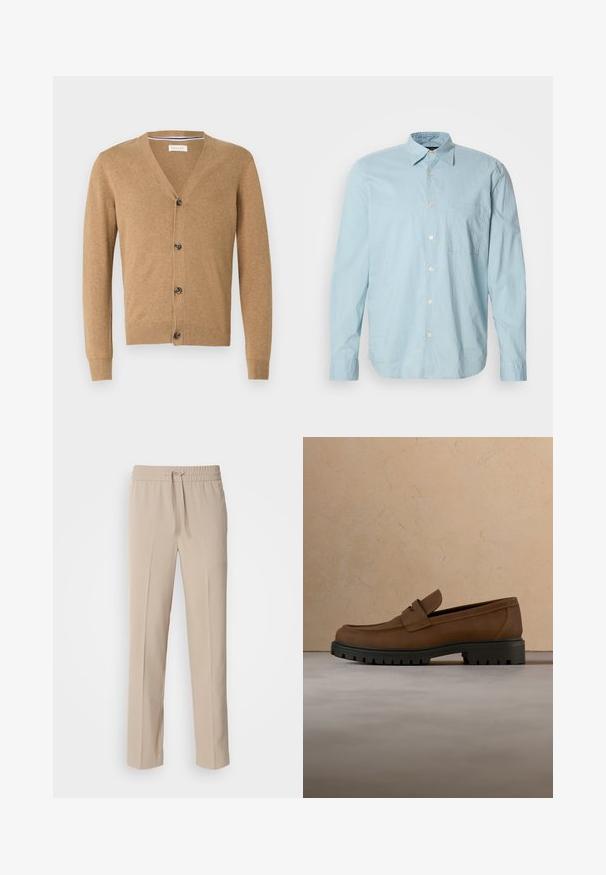 Cardigan beige en matériau doux, avec un col en V, une fermeture à bouton, des manches longues et des poignets et un ourlet côtelés.; Chemise à manches longues à carreaux bleu clair avec un col boutonné, une poche poitrine et des boutons blancs. Fabriquée dans un tissu lisse.; Pantalons beiges, coupe décontractée, fabriqués en tissu doux, dotés d'une taille élastique avec cordon de serrage et de jambes droites avec des accents minimalistes.; Mocassin en cuir marron foncé avec semelle épaisse en caoutchouc noir présenté au-dessus d’un tapis beige et d’un canapé en arrière-plan.