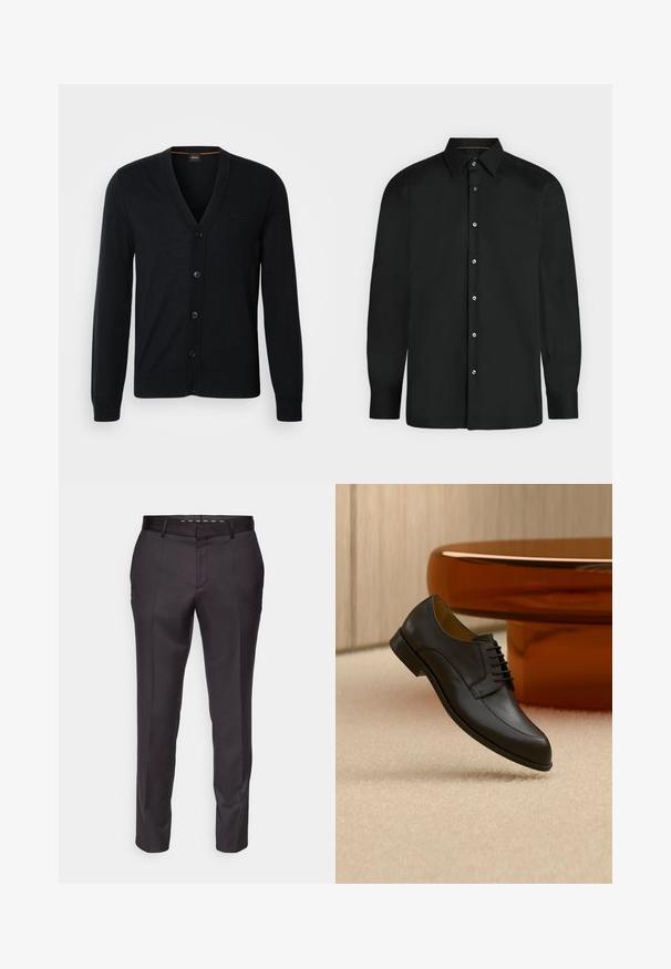 Sort strikket cardigan med V-hals, knaplukning og ribbede manchetter og nederkant. Subtil logo detalje på brystet.; Sort skjorte med lange ærmer, knapper foran, spids krave og knapmanchetter, vist mod en ensformet lys baggrund.; Skræddersyede sorte bukser med en glat tekstur, struktureret design og frontfolder. Har lige ben og en tætsiddende talje.; Sort læder snøresko, der svæver over beige tæppe med et rundt orange bord i baggrunden.