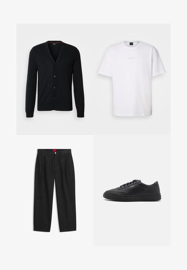 Sort strikket cardigan med V-hals, knaplukning og ribbede manchetter og nederkant. Subtil logo detalje på brystet.; Hvid bomulds T-shirt med korte ærmer, rund halsudskæring og præget "BOSS" logo på brystet. Glat tekstur, standard pasform.; Sorte bukser med høj talje med forreste læg, bæltestropper, knap og lynlås lukning samt en rød label indeni linningen.; Sorte lædersneakers med en glat overflade, rund tå, flad gummisål og tonede snørebånd. Udstyret med guld "BOSS" branding på siden.