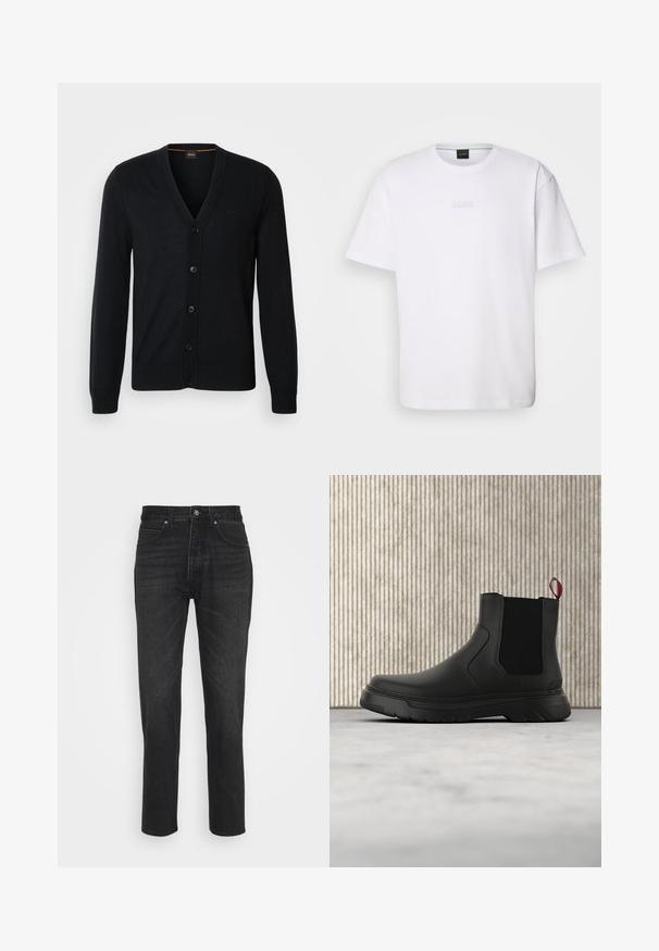 Sort strikket cardigan med V-hals, knaplukning og ribbede manchetter og nederkant. Subtil logo detalje på brystet.; Hvid bomulds T-shirt med korte ærmer, rund halsudskæring og præget "BOSS" logo på brystet. Glat tekstur, standard pasform.; Sorte denimjeans med et lige ben-design, der har fem lommer, knaplukning og subtile syninger.; Sort ankelstøvle med en glat overflade, elastiske sidepaneler og en kontrasterende rød træksløjfe, der har en tyk gummisål og rund tå.