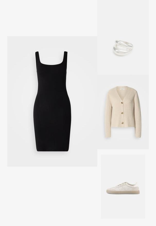 Beige, ribbet cardigan med V-hals, tre store gyldne knapper ned foran og lange ærmer. Blød tekstur og cropped design.; Sort, ærmeløs bodycon kjole med firkantet halsudskæring. Glat, elastisk stof designet til en tætsiddende silhuet. Mid-længde.; Beige ruskindssneakers med lav profil, der har en struktureret overdel, tonale sømme og en lys gummisål. Snørebånd fuldender designet.; Sølvring med dobbeltbånd og en glat, poleret overflade. Den har et flydende, buet design med overlappende sektioner for et moderne udtryk.