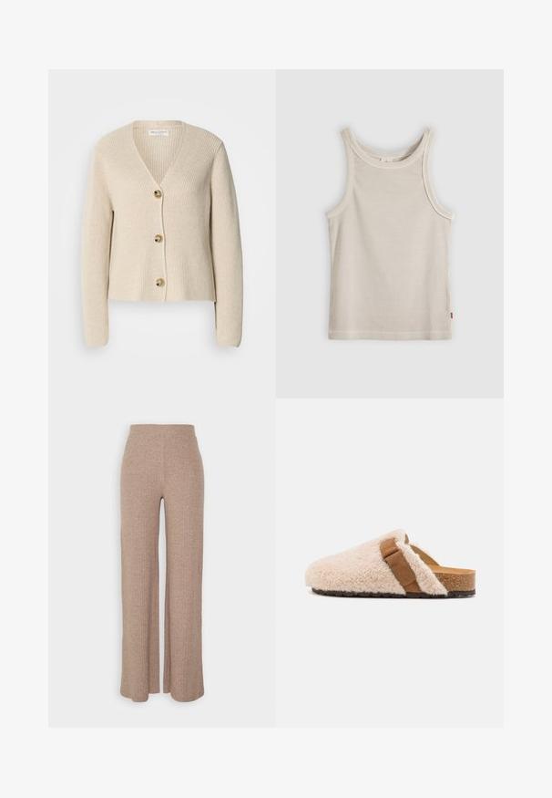 Beige, ribbet cardigan med V-hals, tre store gyldne knapper ned foran og lange ærmer. Blød tekstur og cropped design.; Beige ribstrikket ærmeløs tanktop med rund halsudskæring og tætsiddende pasform, vist mod en grå baggrund.; Beige ribbede vide bukser med høj talje og blød tekstur, der har en løs pasform og ingen synlige lukninger.; Beige shearling slip-on klipklapper med en brun suedebånd, korkfod og struktureret gummiyderside, designet til komfort og afslappet brug.