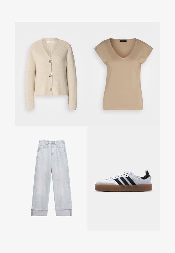 Beige, ribbet cardigan med V-hals, tre store gyldne knapper ned foran og lange ærmer. Blød tekstur og cropped design.; Beige V-hals T-shirt med korte ærmer, lavet af blødt materiale. Har et enkelt design uden mønstre eller accenter.; Lyseblå jeans med vide ben og opbukket kant, foran med knap og lynlås samt fem-lomme design.; Hvide lædersneakers med sorte striber, gummirubber sål, rund tå, snørelukning og blød grå ruskinds tåhætte.