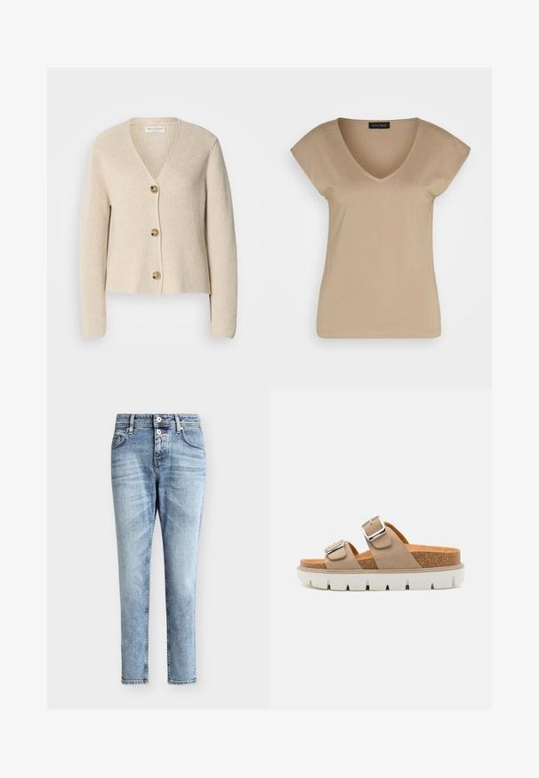 Cárdigan beige acanalado con escote en V, tres grandes botones dorados en la parte delantera y mangas largas. Textura suave y diseño corto.; Camiseta de cuello en V beige con mangas cortas, hecha de material suave. Presenta un diseño simple sin patrones ni acentos.; Vaqueros de mezclilla azules claros de talle alto con dos botones delanteros, bolsillos delanteros y un corte recto y ajustado.; Sandalias deslizantes beige con dos correas ajustables, plantilla de corcho y suela de goma blanca con un patrón texturizado.