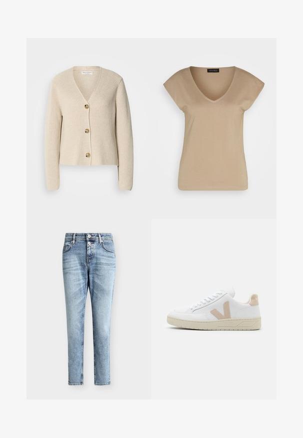 Cárdigan beige acanalado con escote en V, tres grandes botones dorados en la parte delantera y mangas largas. Textura suave y diseño corto.; Camiseta de cuello en V beige con mangas cortas, hecha de material suave. Presenta un diseño simple sin patrones ni acentos.; Vaqueros de mezclilla azules claros de talle alto con dos botones delanteros, bolsillos delanteros y un corte recto y ajustado.; Zapatilla blanca con acentos de ante beige, punta redonda y cordones blancos. Suela de goma texturizada y detalle del logo en el talón.