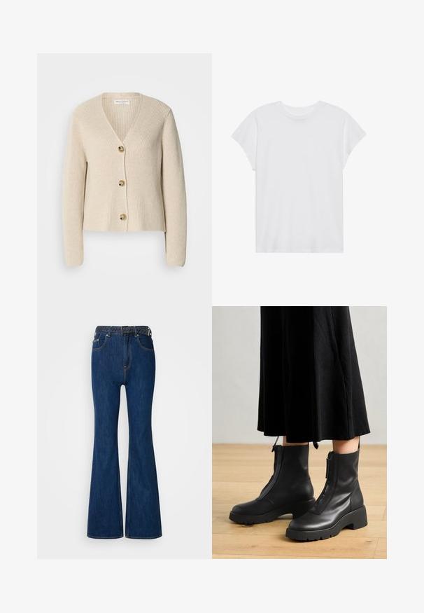 Beige, ribbet cardigan med V-hals, tre store gyldne knapper ned foran og lange ærmer. Blød tekstur og cropped design.; Hvid kortærmet t-shirt med rund hals, afslappet pasform, lavet af blødt bomuldsstof. Glat tekstur, ingen mønstre eller logoer.; Blå denim flared jeans med høj talje, kontraststing og et vævet bælte med flettet design. Glat tekstur og klassisk stil.; Sorte læder ankelstøvler med en kraftig platformsål og en frontlynlås. Glat tekstur med et minimalistisk design.
